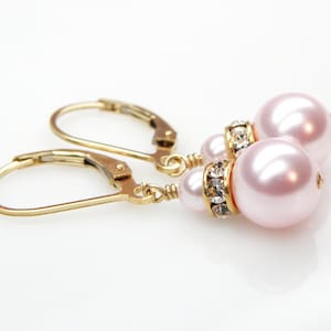 Pink Pearl Earrings, Gold Filled, Swarovski Crystal and Pearls, Bridesmaid Drop Earrings, Blush Wedding Jewelry, Girl June Birthday Gift