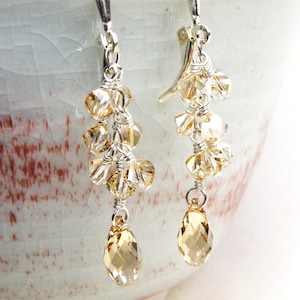 Swarovski Crystal Dangle Earrings, Sterling Silver or 14k Gold Filled Clear Cluster Earrings, Wedding Bridal Teardrop Jewelry for Women Champagne Crystal