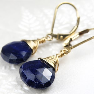 Sapphire Teardrop Earrings, Gold Filled, Real Sapphire Dangle Earrings, Navy Blue Stone Drop, September Birthstone Jewelry, Birthday Gift