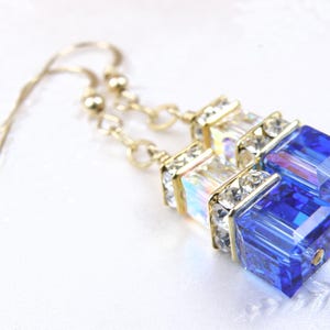 Royal Blue Sapphire Crystal Dangle Earrings, Gold Filled with Light Blue Sapphire or Clear Swarovski Crystal Cube Accent Jewelry Gift