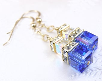 Royal Blue Sapphire Crystal Dangle Earrings, Gold Filled with Light Blue Sapphire or Clear Swarovski Crystal Cube Accent Jewelry Gift