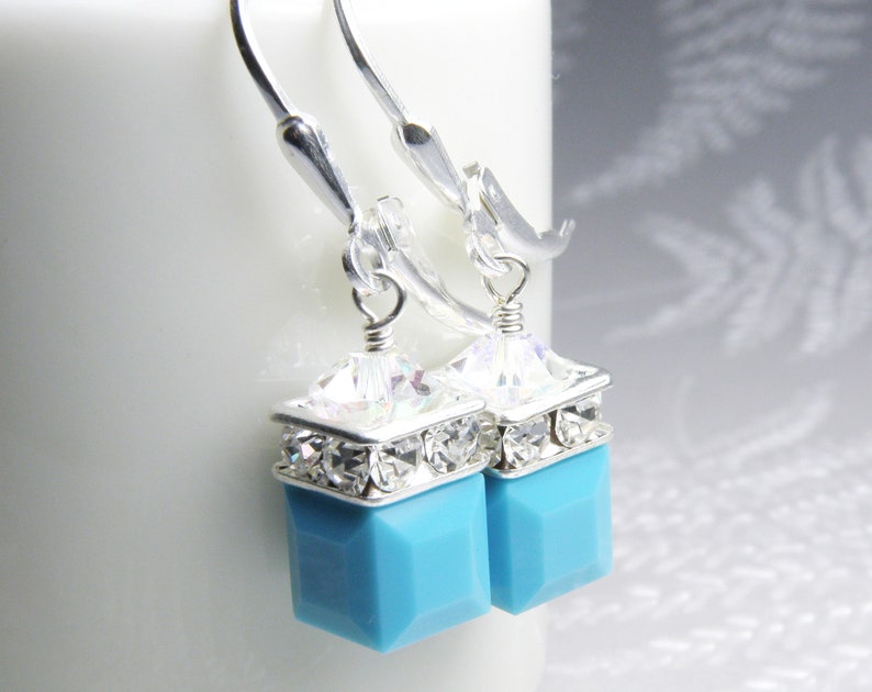 Turquoise Cube Earrings with Crystals by Swarovski, Teal Dangle Earrings, Sterling Silver or Gold Filled, Faux Stone December Birthday Gift image 1