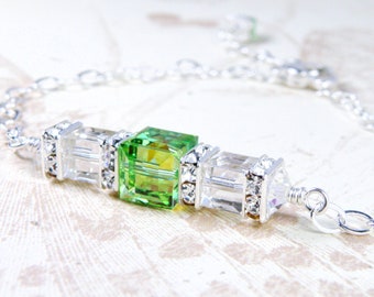 Peridot Crystal Cube Bracelet, Sterling Silver or Gold Filled, Apple Lime Green Crystal by Swarovski, August Birthday Bridesmaid Gift