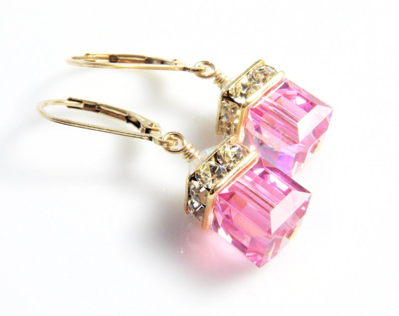Pink Topaz Dangle Earrings Gold Filled, Rose Swarovski Crystal Cube, October Birthday Gift, Bridesmaids Pink Drop Wedding Earrings Gift image 2