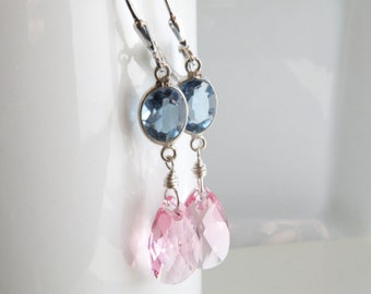 Pink and Denim Dangle Earrings, Swarovski Crystal, Blue Quartz Stone, Sterling Silver Long Linear Earrings, October Birthday Gift for Women