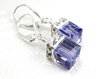 Swarovski Crystal Tanzanite Earrings, Purple Drop Earrings, Silver Purple Bridesmaid Gift, Bridal Party Earrings, Purple Wedding Jewelry