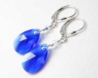 Cobalt Blue Earrings, Sterling Silver or Gold Filled, Royal Blue Swarovski Crystal Dangle Earrings, Wedding Jewelry, September Birthday Gift