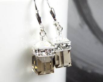 Smoky Quartz Crystal Earrings, Greige Brown Cube Dangle Earrings, Sterling Silver or Gold Filled, Bridesmaids Autumn Wedding Jewelry Gift