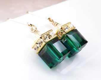 Emerald Crystal Earrings, Gold Filled, Sterling Silver, Dark Green Swarovski Cube Dangle Earrings, Bridesmaids Wedding Jewelry, May Birthday