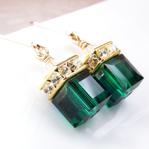 Emerald Crystal Earrings, Gold Filled, Sterling Silver, Dark Green Swarovski Cube Dangle Earrings, Bridesmaids Wedding Jewelry, May Birthday
