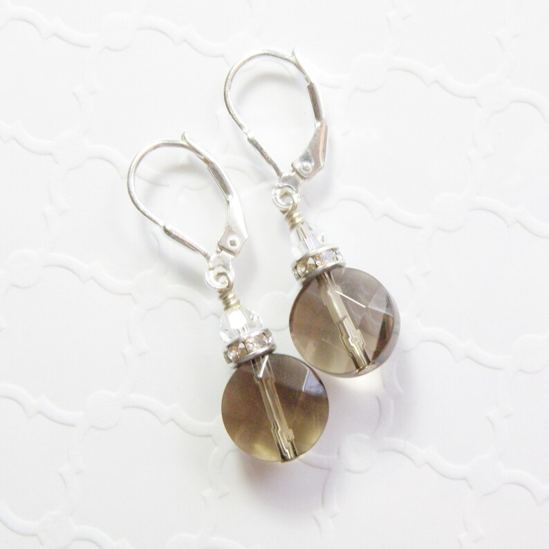 Brown Coin Stone Earrings Smoky Quartz Earrings Short Dangle Earrings Taupe Bridesmaids Wedding Jewelry Autumn Fashion Sterling Silver