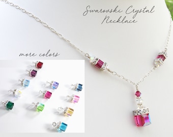 Ruby Crystal Necklace, Sterling Silver or Gold Filled, Choose Your Birthstone Swarovski Crystal Cube Pendant, Maid of Honor Wedding Favor