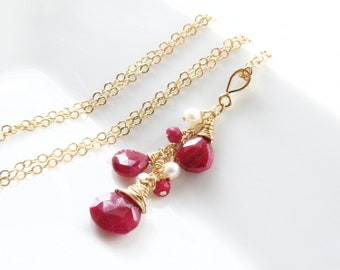 Natural Ruby and Pearl Necklace, Gold Filled, Dainty Red Birthstone Pendant, White Freshwater Pearl, June or July Birthday Gift