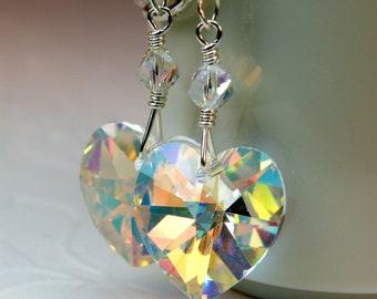 Crystal Heart Earrings, Clear Swarovski Crystal Earrings, Dangle, Sterling Silver, Valentines Day Jewelry, Handmade Gift
