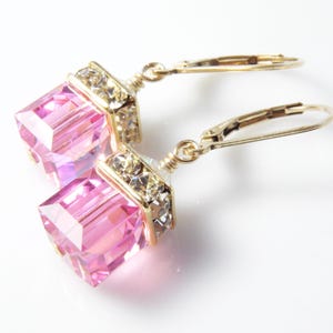 Pink Topaz Crystal Dangle Earrings, Gold Filled or Sterling Silver, Rose Swarovski Cube October Birthday Gift, Bridesmaids Wedding Jewelry
