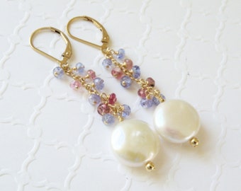 White Coin Pearl with Pink and Purple Gemstone Dangle Earrings, Gold Filled, June Birthstone Jewelry Gift