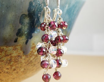 Long Dangle Red Garnet Earrings, January Birthday Stone Cluster Earrings, January Birthstone in Sterling Silver or Gold Filled Handmade Gift