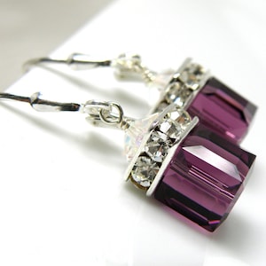 Purple Crystal Earrings, Sterling Silver, Amethyst Swarovski Crystal Cube Drop Earrings, February Birthday Gift, Bridesmaid Wedding Jewelry