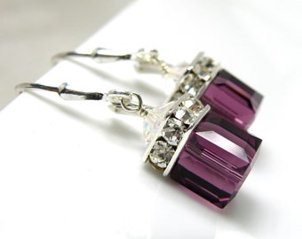 Purple Crystal Earrings, Sterling Silver, Amethyst Swarovski Crystal Cube Drop Earrings, February Birthday Gift, Bridesmaid Wedding Jewelry