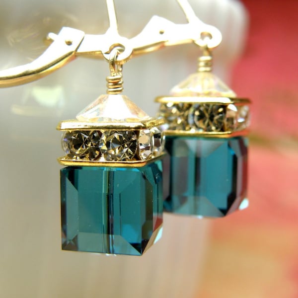 Dark Teal Crystal Earrings, Gold Filled or Sterling Silver,  London Blue Topaz Swarovski Crystal Cube Bridesmaid Autumn Wedding Jewelry Gift