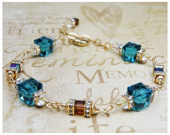 Teal and Chocolate Bracelet, Gold Filled, London Blue Topaz Crystal Cube Bracelet Teal Mother of Bride Autumn Wedding Jewelry Gift