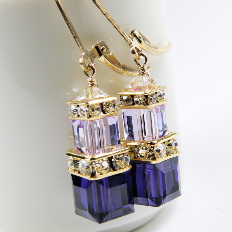Dark Purple Earrings, Swarovski Crystal Cube, Gold Filled, Modern Bridesmaid Earrings, Ultra Violet Wedding Jewelry, Gift for Women image 4