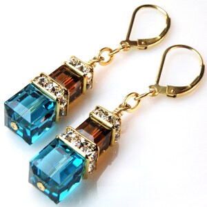 Teal and Chocolate Earrings, Gold Filled, Blue and Brown Swarovski Cube Dangle Earrings, Custom Bridesmaid Autumn Wedding Handmade Jewelry image 5