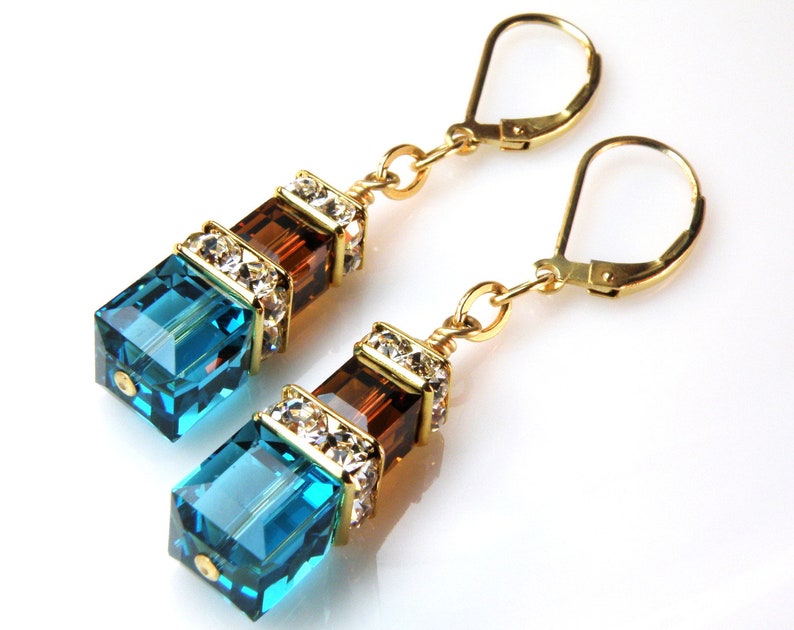 Teal and Chocolate Earrings, Gold Filled, Blue and Brown Swarovski Cube Dangle Earrings, Custom Bridesmaid Autumn Wedding Handmade Jewelry image 5