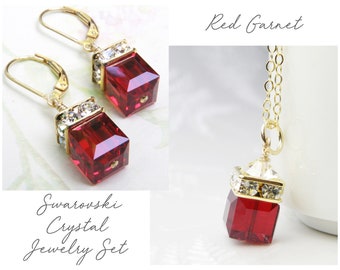 Set di gioielli con cubo di cristallo di granato rosso, collana e orecchini riempiti d'oro, regalo di compleanno con pietra portafortuna di gennaio, gioielli da sposa cremisi per donna