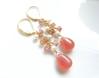 Rhodochrosite Stone Dangle Earrings in Gold Filled, Warm Pink Teardrop Gemstone Pearls, Soft Coral Orange for Bridesmaids Wedding Jewelry