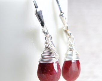 Natural Ruby Earrings, Sterling Silver, Red Gemstone Earrings, Teardrop Women Jewelry, July Birthday Birthstone Gift, Handmade Jewelry