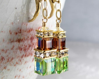 Peridot and Chocolate Crystal Earrings, Gold Filled, Green and Brown Swarovski Crystal Cubes, Autumn Dangle Earrings, Fall Wedding Jewelry