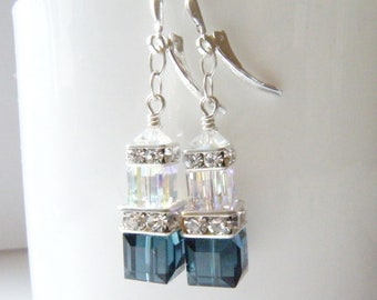 Long Sapphire Blue Dangle Earrings, Blue Clear and Yellow Crystals, Swarovski Cube Bridesmaids Wedding Earrings, September Birthday Gift