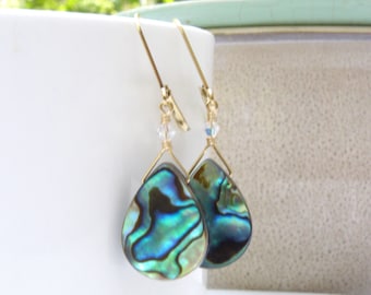 Teardrop Abalone Earrings, Gold Filled, Summer Shell Dangle Earrings, Natural Paua Mother of Pearl Beach Wedding Jewelry Gift for Girlfriend