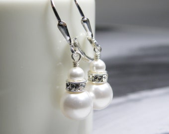 Simple White Pearl Drop Earrings, Sterling Silver or Gold Filled Swarovski Pearl, June Birthstone Birthday Gift, Classic Wedding Jewelry