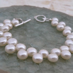 White Freshwater Pearl Bracelet, Sterling Silver, Flat Round Coin Pearl, Bridal Wedding Handmade Jewelry, June Birthday Birthstone Gift