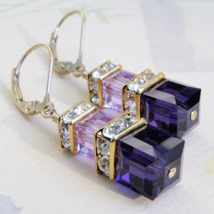 Dark Purple Earrings, Swarovski Crystal Cube, Gold Filled, Modern Bridesmaid Earrings, Ultra Violet Wedding Jewelry, Gift for Women