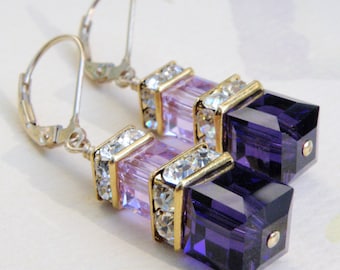 Dark Purple Earrings, Swarovski Crystal Cube, Gold Filled, Modern Bridesmaid Earrings, Ultra Violet Wedding Jewelry, Gift for Women