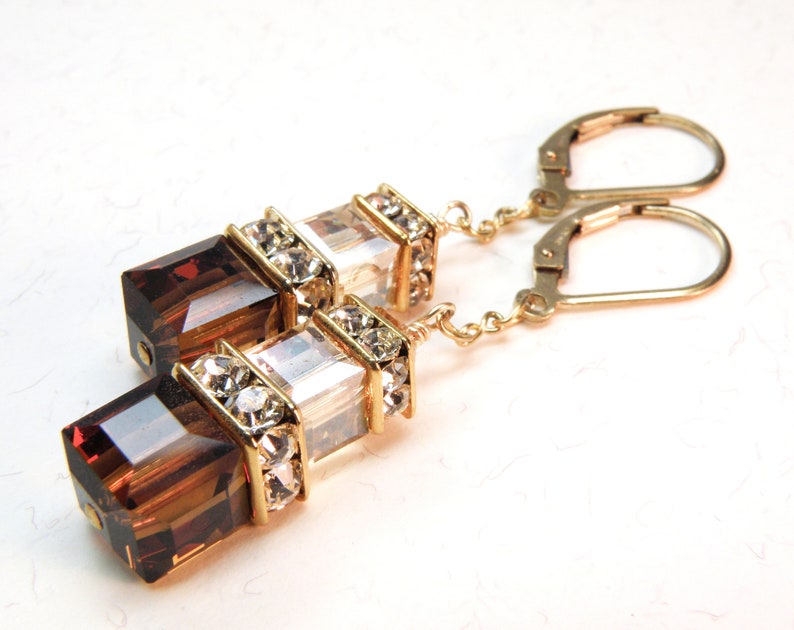 Chocolate Brown Earrings Gold Filled Swarovski Crystal Cube Etsy