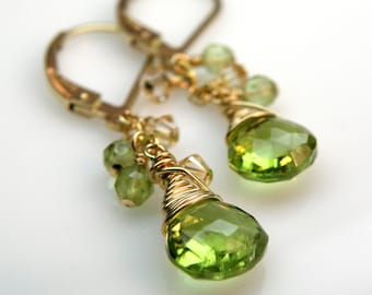 Teardrop Peridot Earrings, 14k Gold Filled, Genuine Green Stone Dangle, August Gemstone Handmade Birthday Birthstone Jewelry