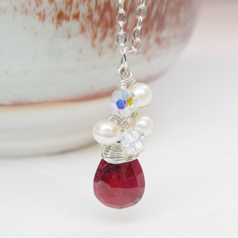 Genuine Ruby Necklace with Pearls, Sterling Silver, Real Gemstone Pendant, Deep Red Ruby Stone, July Natural Birthstone, Women Birthday Gift image 2