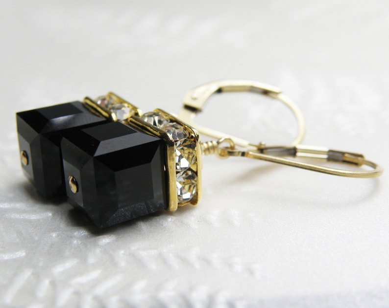 Black Onyx Cube Earrings, Gold Filled, Swarovski Crystal, Black Earrings, Bridesmaid Drop Earrings Winter Wedding, Modern New Years Eve Gift image 2