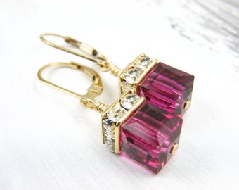 Ruby Crystal Earrings, Gold Filled, Red Ruby Dangles with Swarovski Crystal Cubes Bridesmaids Gift, Fall Wedding Jewelry, July Birthday Gift