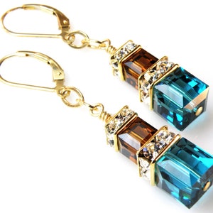 Teal and Chocolate Earrings, Gold Filled, Blue and Brown Swarovski Cube Dangle Earrings, Custom Bridesmaid Autumn Wedding Handmade Jewelry image 4