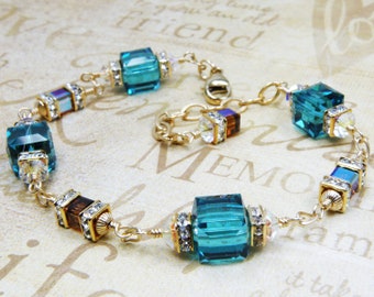 Teal and Chocolate Bracelet, Gold Filled, London Blue Topaz Crystal Cube Bracelet Teal Mother of Bride Autumn Wedding Jewelry Gift