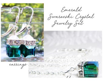 Emerald Crystal Jewelry Set, Green Cube Crystal Sterling Silver, Bridesmaid Necklace and Earrings, Wedding May Birthday, Birthstone Gift