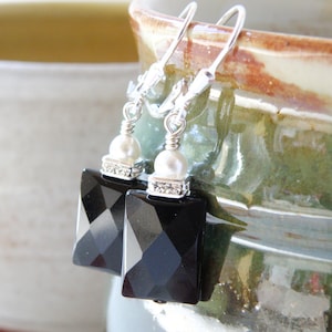 Schwarzer Onyx Stein baumeln Ohrringe, Sterling Silber oder Gold gefüllt, schwarze rechteckige Ohrringe, alltäglichen einfachen Tropfen Geometrische Schmuck