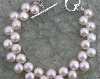 White Freshwater Pearl Bracelet, Sterling Silver, Flat Round Coin Pearl, Bridal Wedding Handmade Jewelry, June Birthday Birthstone Gift