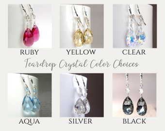 Teardrop Crystal Earrings, Swarovski Crystal, Sterling Silver, Blue and Yellow Topaz, Silver, Ruby, Pink, Black Diamond, Bridesmaid Earrings
