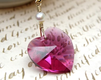 Ruby Crystal Heart Pendant, Sterling Silver, Gold Filled, Magenta Swarovski Crystal Necklace, July Birthstone Birthday Gift for Girlfriend